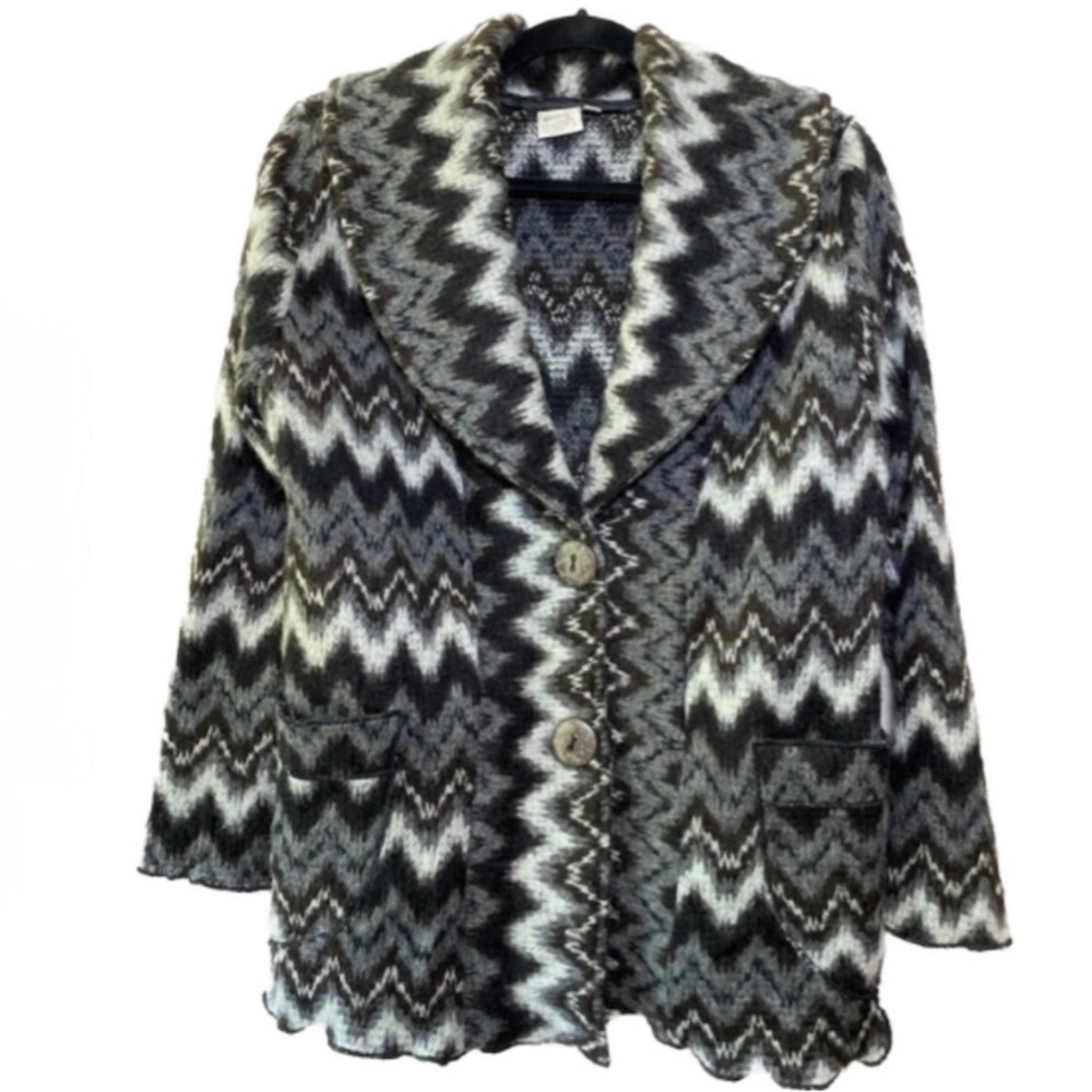 Focus Cardigan Chevron Zigzag Wool Blend Gray Black White Sweater Ladies Small